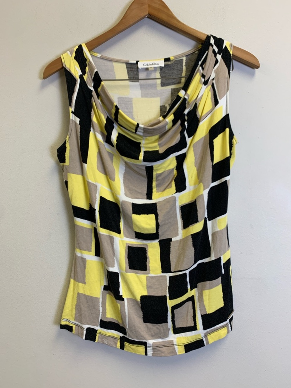 Calvin Klein Yellow Black Beige Geometric Cowl-Neck Sleeveless Camisole